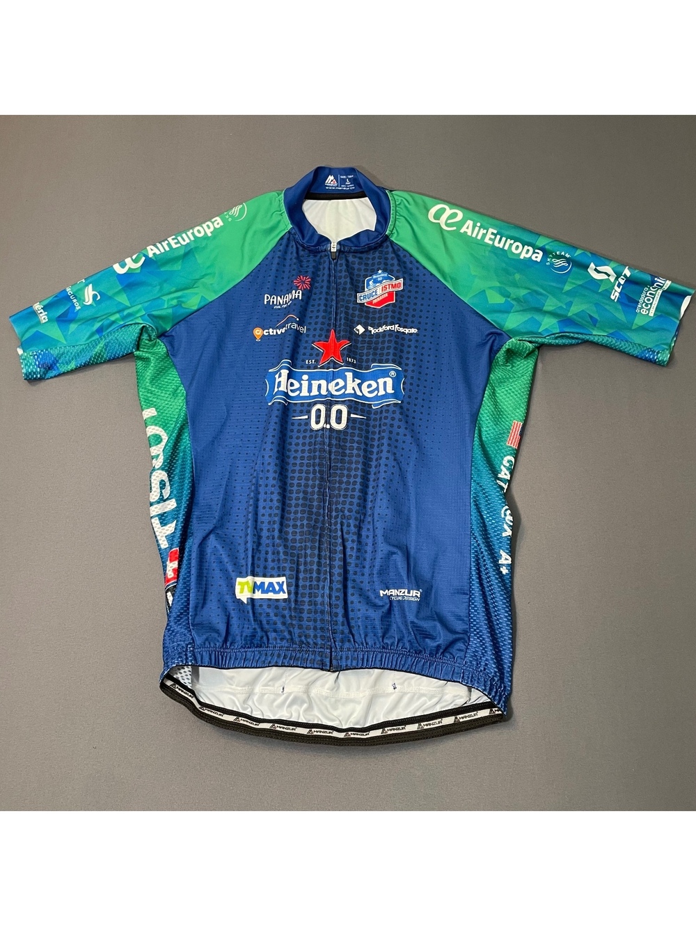 Manzur Men's Large Pro Cycling Jersey Heineken 0.0 Blue Green Short Sleeve